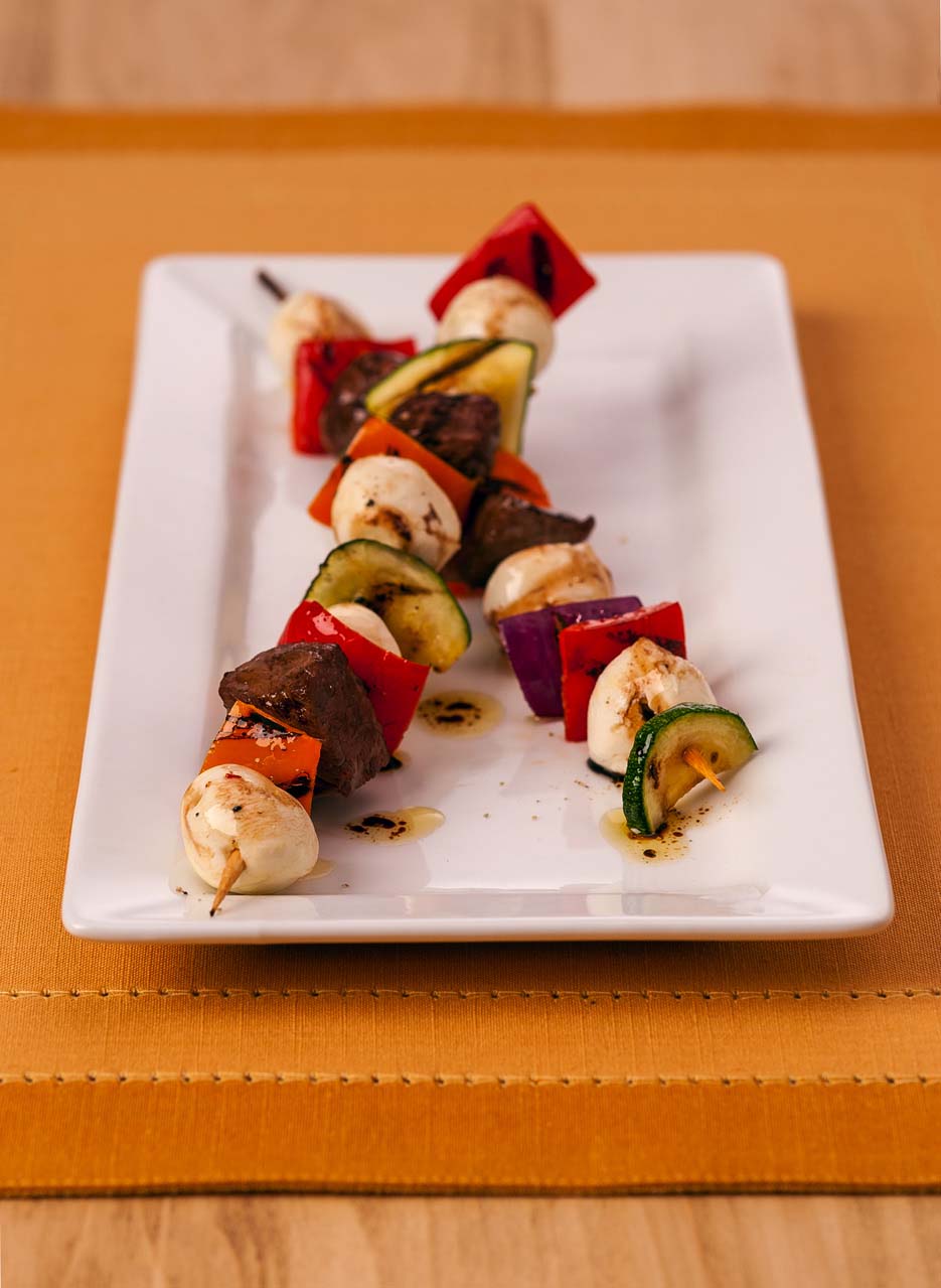 Fresh Mozzarella Skewers with Lemon Marinated Steak Galbani Cheese
