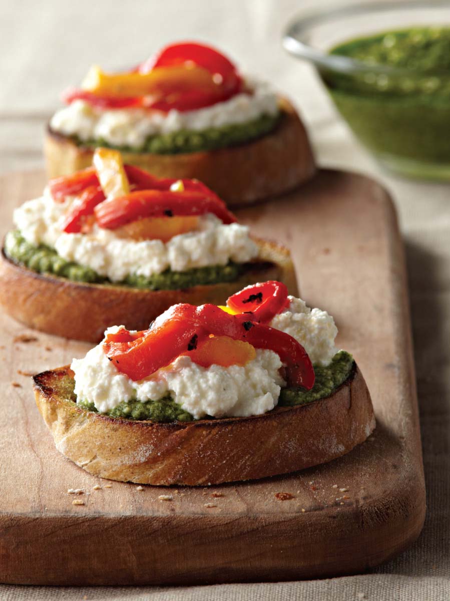 Crostini with Ricotta, Basil Pesto, and Roasted Peppers