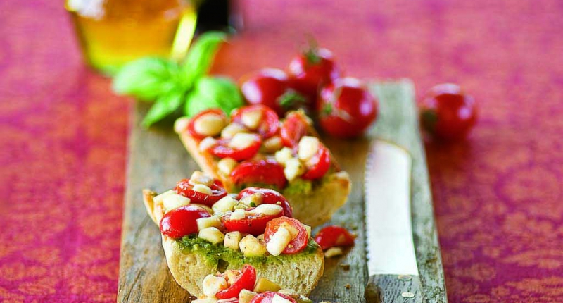 Grape Tomato, Pesto, and Mozzarella Bruschetta