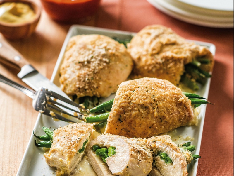 Rolled Chicken Breasts Stuffed with Galbani Asiago Sliced Cheese and Green Beans - Galbani Cheese