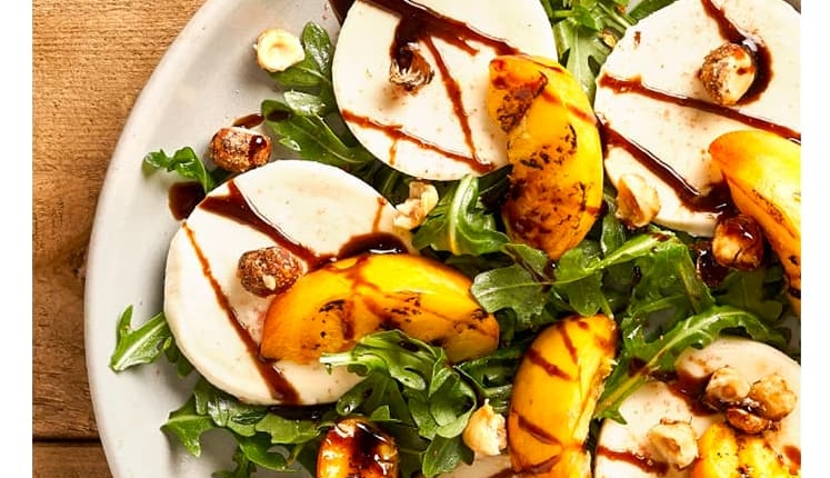 Grilled Peaches with Fresh Mozzarella and Candied Hazelnuts